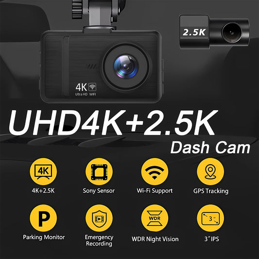 4K+2.5K Dash Cam with WiFi, GPS, Dual Lens, Rear Camera & 24H Parking Monitor
