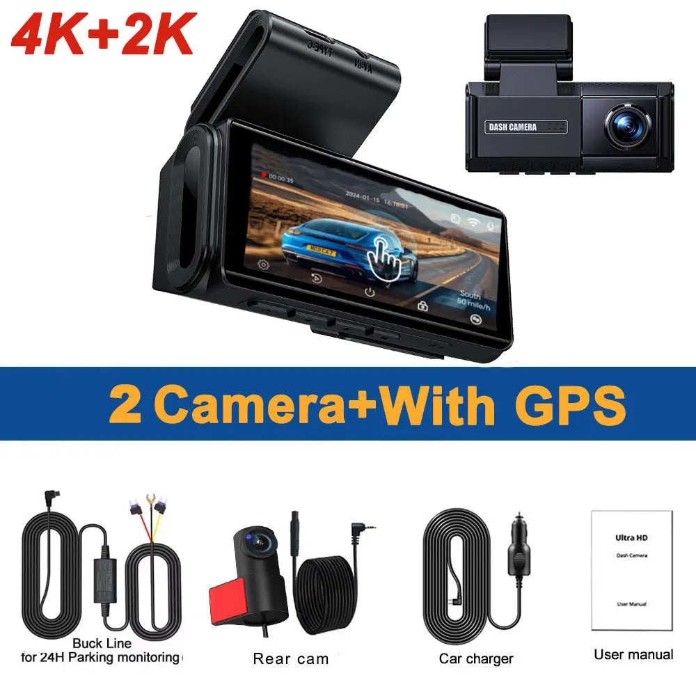4K+2K Dash Cam with 4" Touch Screen, GPS, WiFi & Night Vision