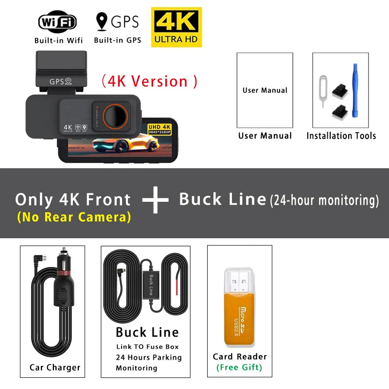 4K Dual Lens Dash Cam with GPS, WiFi & 2.5K Rear Camera, Night Vision