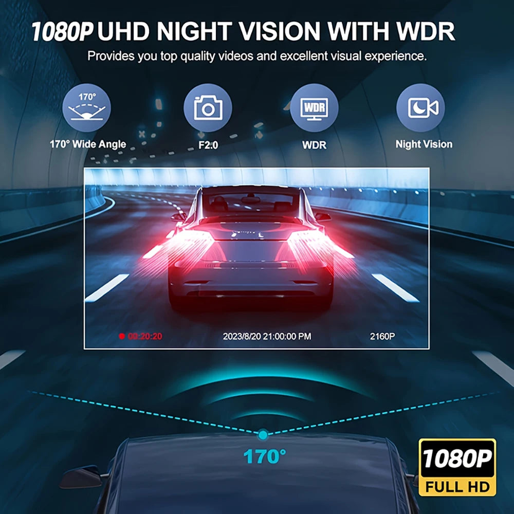 WiFi Dash Cam 1080P Front & Rear Cameras, IR Night Vision