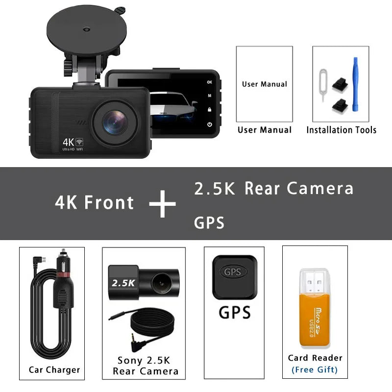 4K+2.5K Dash Cam with WiFi, GPS, Dual Lens, Rear Camera & 24H Parking Monitor