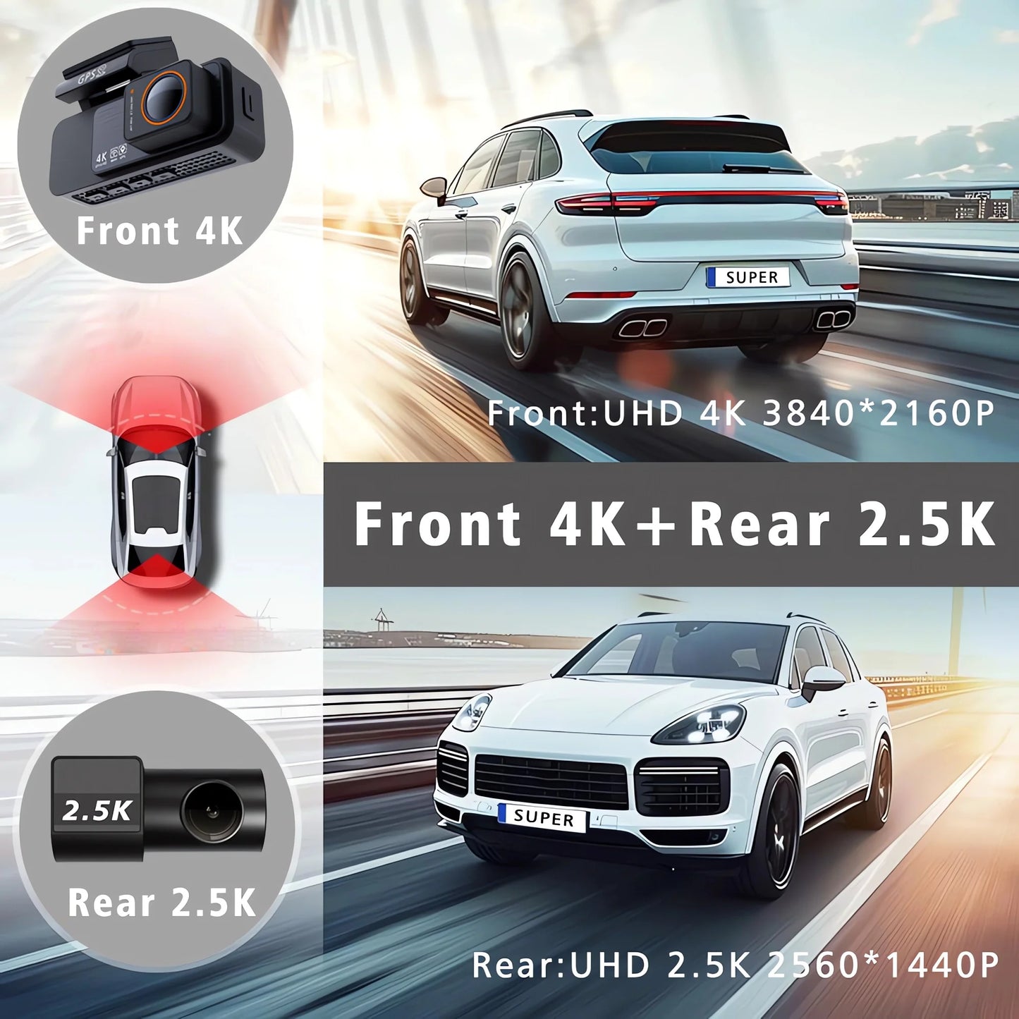 4K Dual Lens Dash Cam with GPS, WiFi & 2.5K Rear Camera, Night Vision