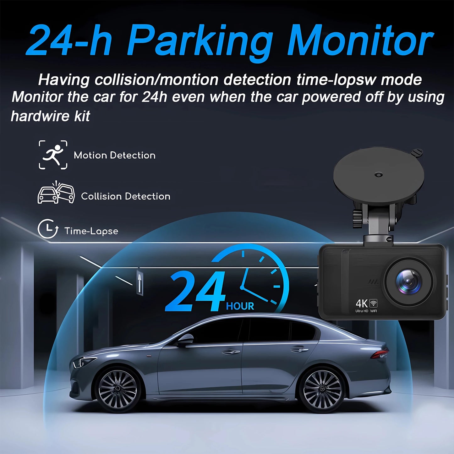4K+2.5K Dash Cam with WiFi, GPS, Dual Lens, Rear Camera & 24H Parking Monitor