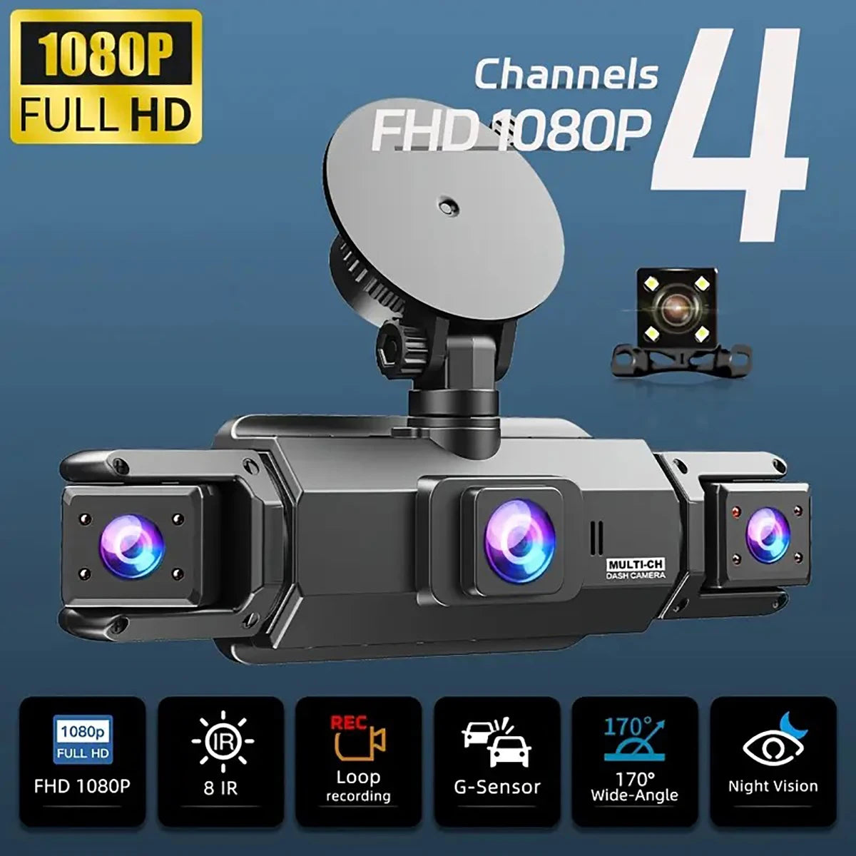 4-Channel 360° Dash Cam FHD with Front, Rear & Side Cameras, 128G, Night Vision, Parking Monitor