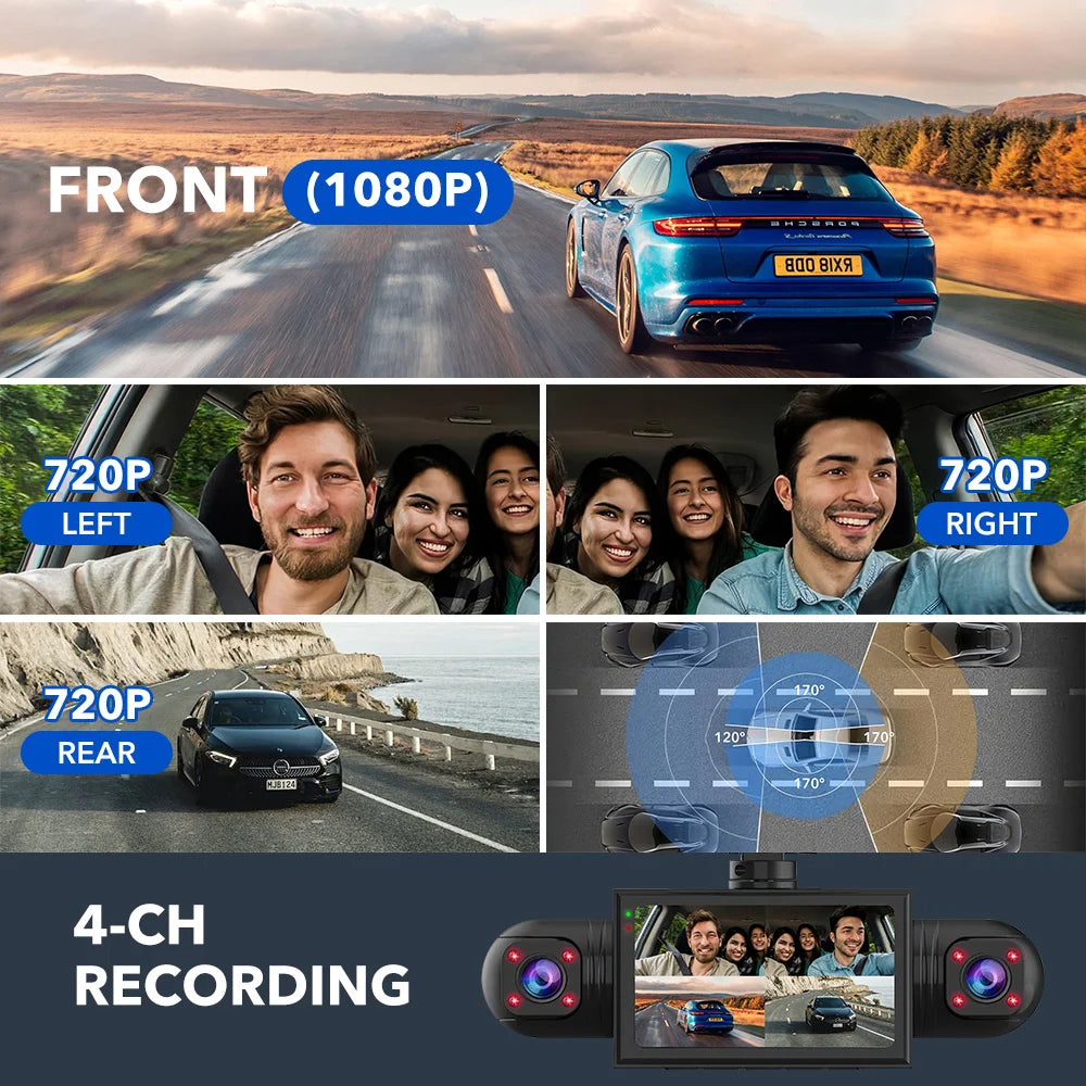 4-Channel Dash Cam FHD 1080P with Front, Rear & Side Cameras, Night Vision, Loop Recording