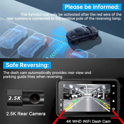 4K+2.5K Dash Cam with WiFi, GPS, Dual Lens, Rear Camera & 24H Parking Monitor