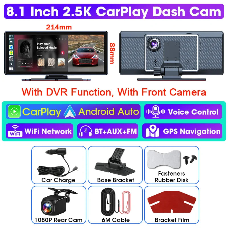 Vtopek 8.1" Dash Cam 2.5K with Wireless CarPlay, Android Auto, GPS & Rear Camera
