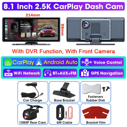 Vtopek 8.1" Dash Cam 2.5K with Wireless CarPlay, Android Auto, GPS & Rear Camera