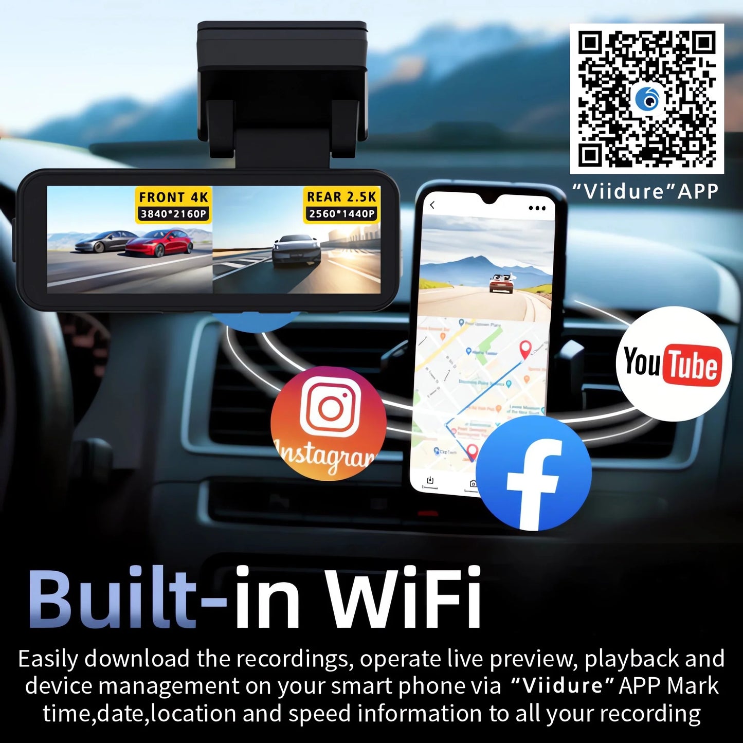 4K Dual Lens Dash Cam with GPS, WiFi & 2.5K Rear Camera, Night Vision