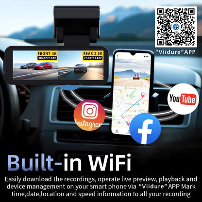 4K Dual Lens Dash Cam with GPS, WiFi & 2.5K Rear Camera, Night Vision