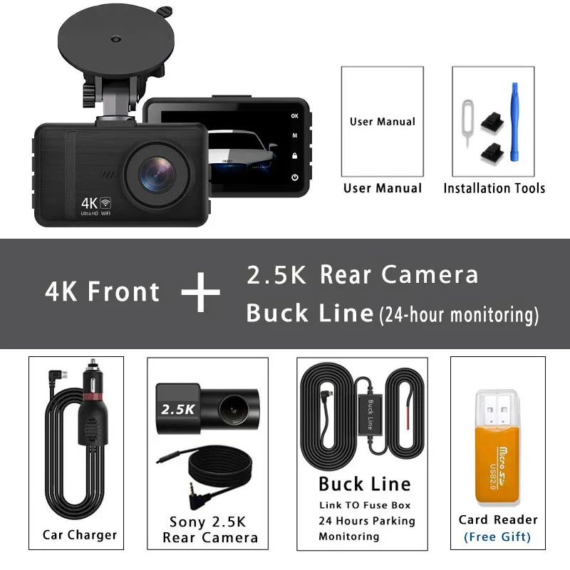 4K+2.5K Dash Cam with WiFi, GPS, Dual Lens, Rear Camera & 24H Parking Monitor