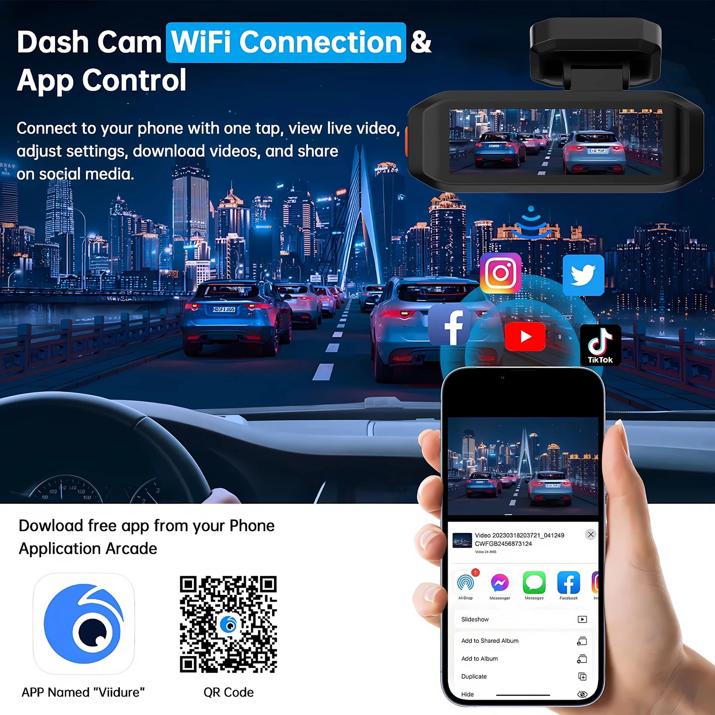 UHD 4K Dash Cam with ADAS, WiFi, GPS & 2.5K Rear Camera, Night Vision