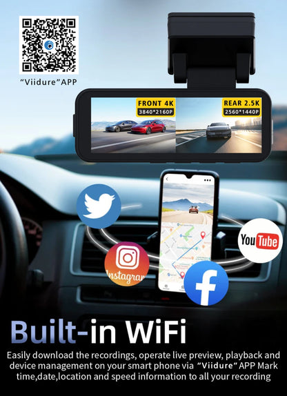 4K Dual Lens Dash Cam with GPS, WiFi & 2.5K Rear Camera, Night Vision