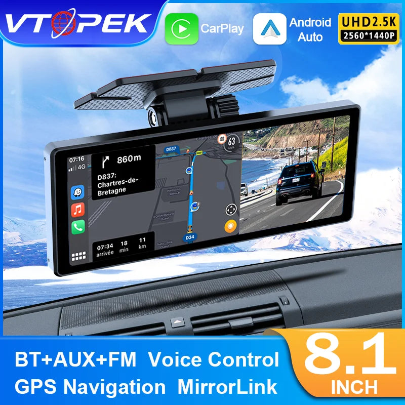 Vtopek 8.1" Dash Cam 2.5K with Wireless CarPlay, Android Auto, GPS & Rear Camera