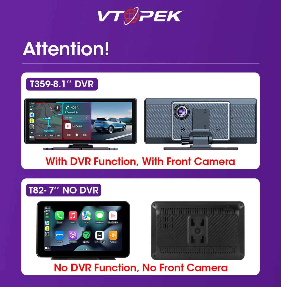 Vtopek 8.1" Dash Cam 2.5K with Wireless CarPlay, Android Auto, GPS & Rear Camera