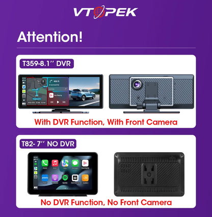 Vtopek 8.1" Dash Cam 2.5K with Wireless CarPlay, Android Auto, GPS & Rear Camera