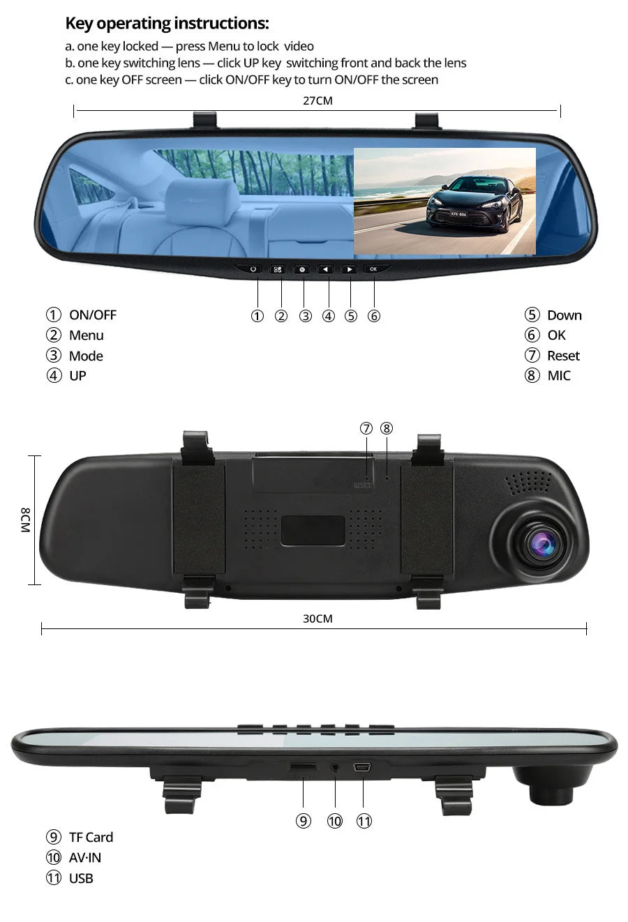 E-ACE 4.3" Mirror Dash Cam FHD 1080P with Optional Dual Lens & Rearview Camera