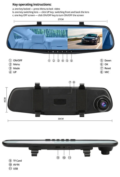 E-ACE 4.3" Mirror Dash Cam FHD 1080P with Optional Dual Lens & Rearview Camera