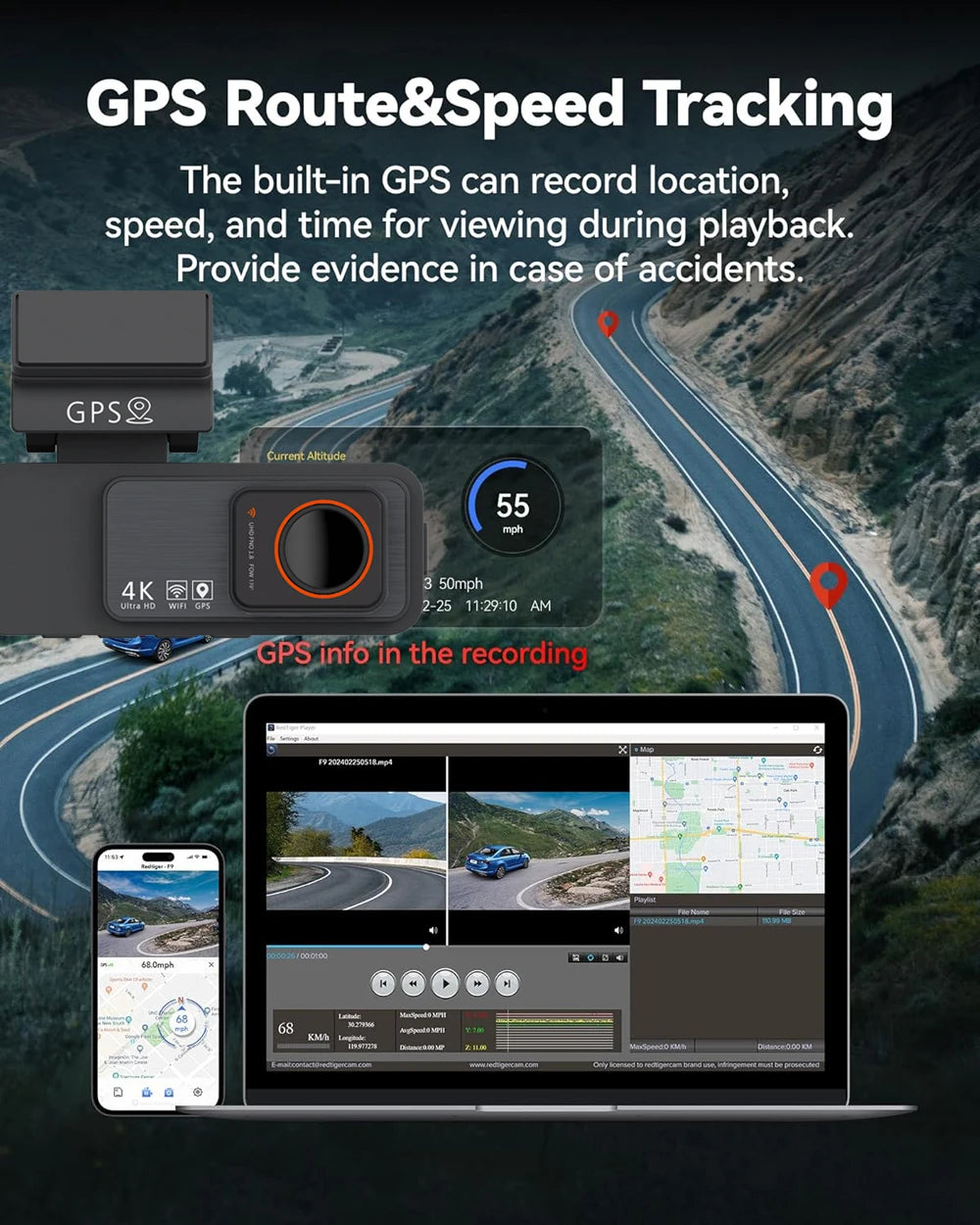 4K Dual Lens Dash Cam with GPS, WiFi & 2.5K Rear Camera, Night Vision