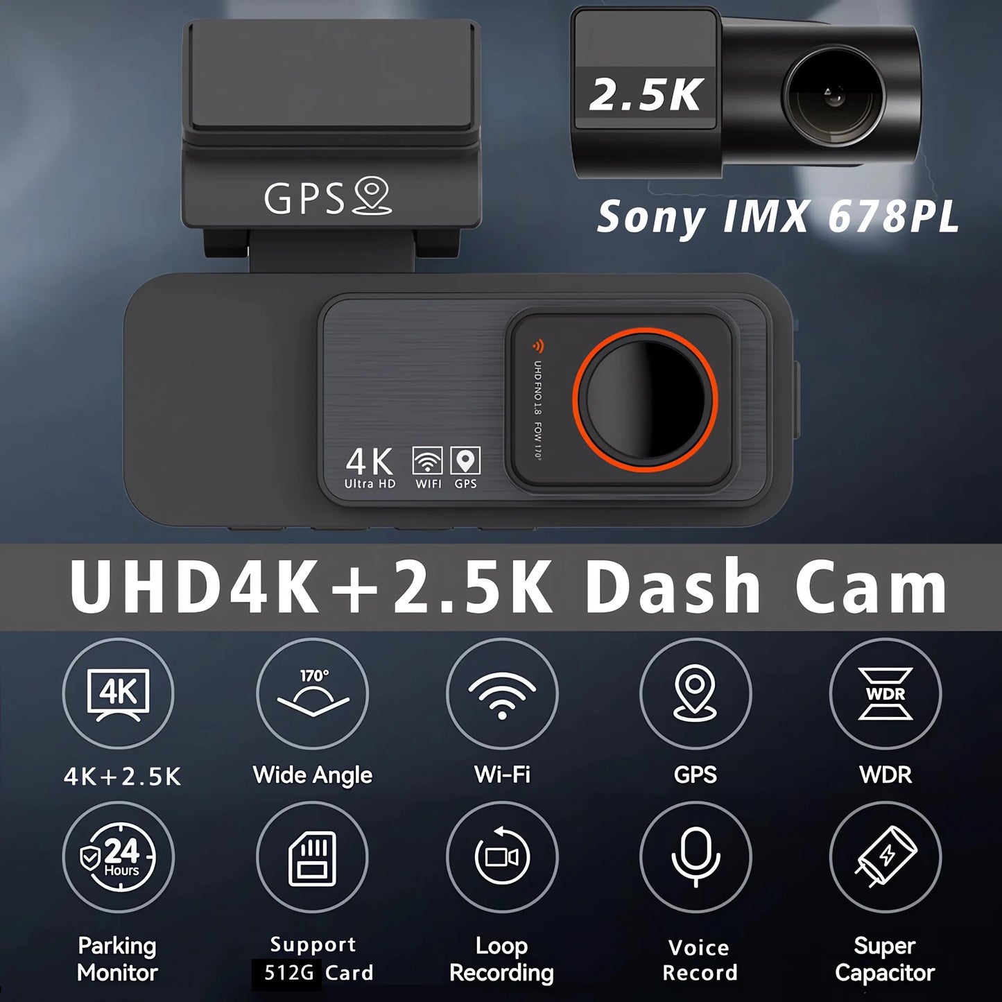 4K Dual Lens Dash Cam with GPS, WiFi & 2.5K Rear Camera, Night Vision
