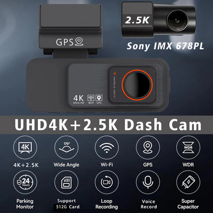 4K Dual Lens Dash Cam with GPS, WiFi & 2.5K Rear Camera, Night Vision