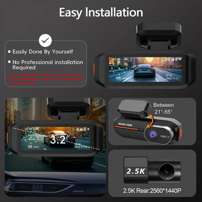 UHD 4K Dash Cam with ADAS, WiFi, GPS & 2.5K Rear Camera, Night Vision