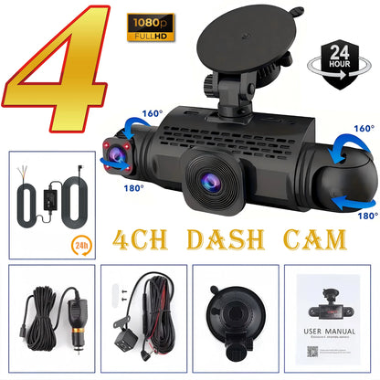 4-Channel Dash Cam FHD 1080P with Front, Rear & Side Cameras, Night Vision, Loop Recording