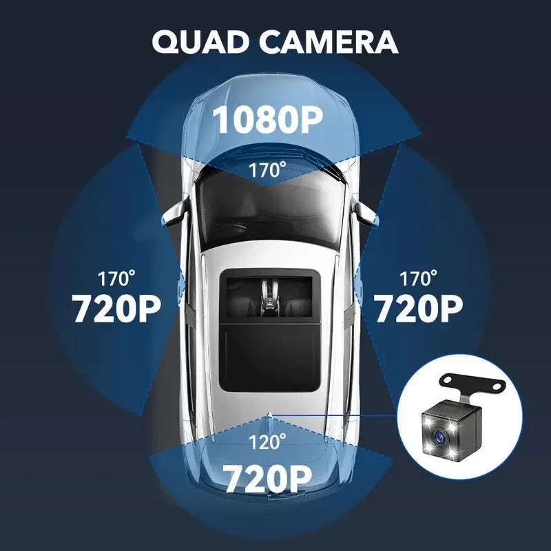 4-Channel Dash Cam FHD 1080P with Front, Rear & Side Cameras, Night Vision, Loop Recording