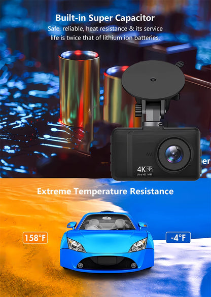 4K+2.5K Dash Cam with WiFi, GPS, Dual Lens, Rear Camera & 24H Parking Monitor