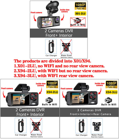 WiFi Dash Cam 1080P Front & Rear Cameras, IR Night Vision