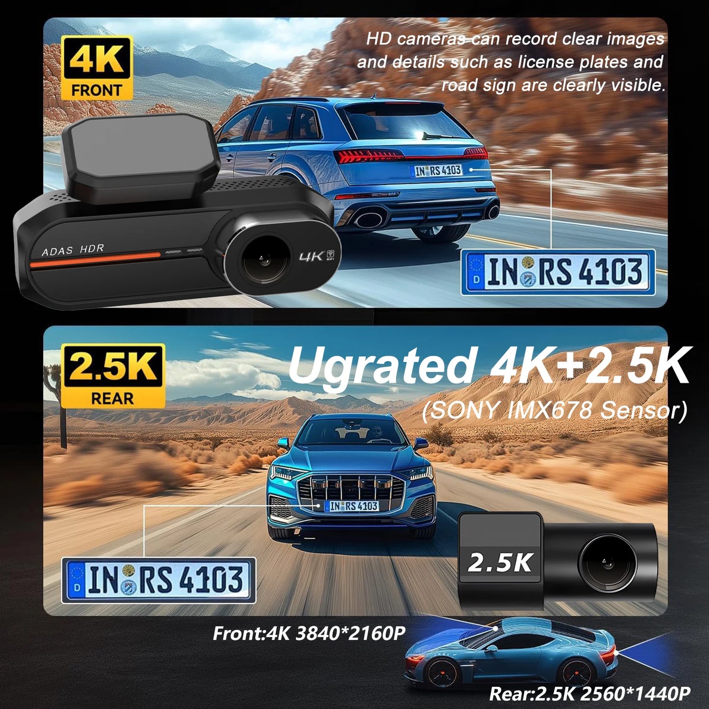 UHD 4K Dash Cam with ADAS, WiFi, GPS & 2.5K Rear Camera, Night Vision