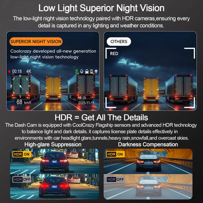 UHD 4K Dash Cam with ADAS, WiFi, GPS & 2.5K Rear Camera, Night Vision