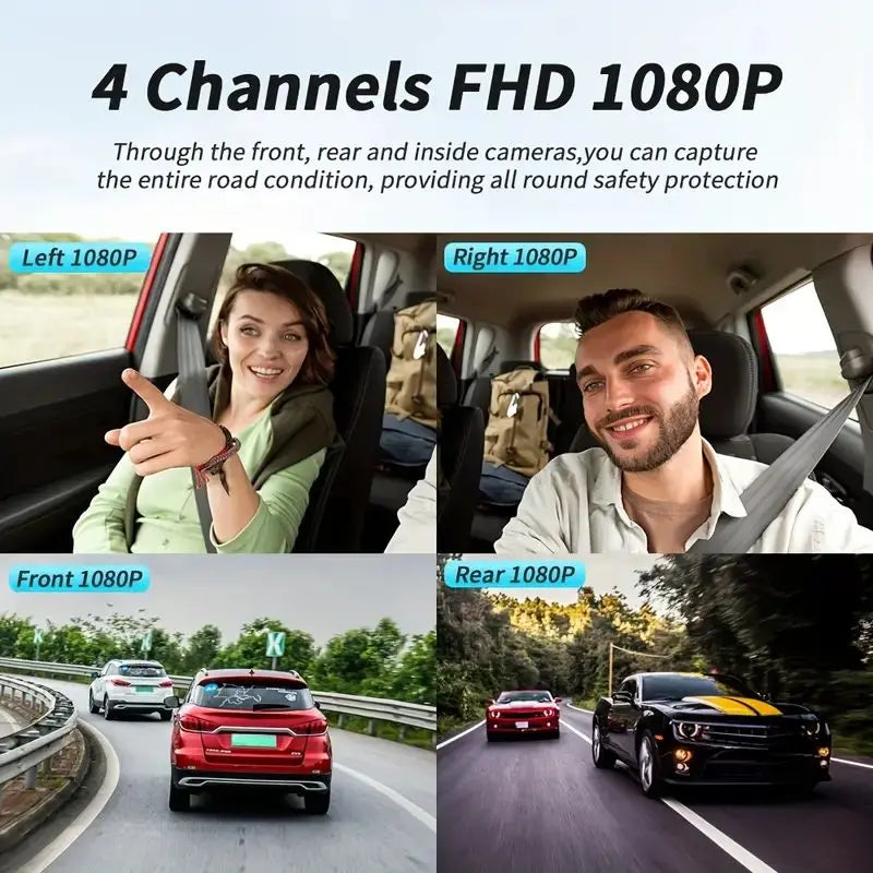 4-Channel Dash Cam FHD 1080P with Front, Rear & Side Cameras, Night Vision, Loop Recording