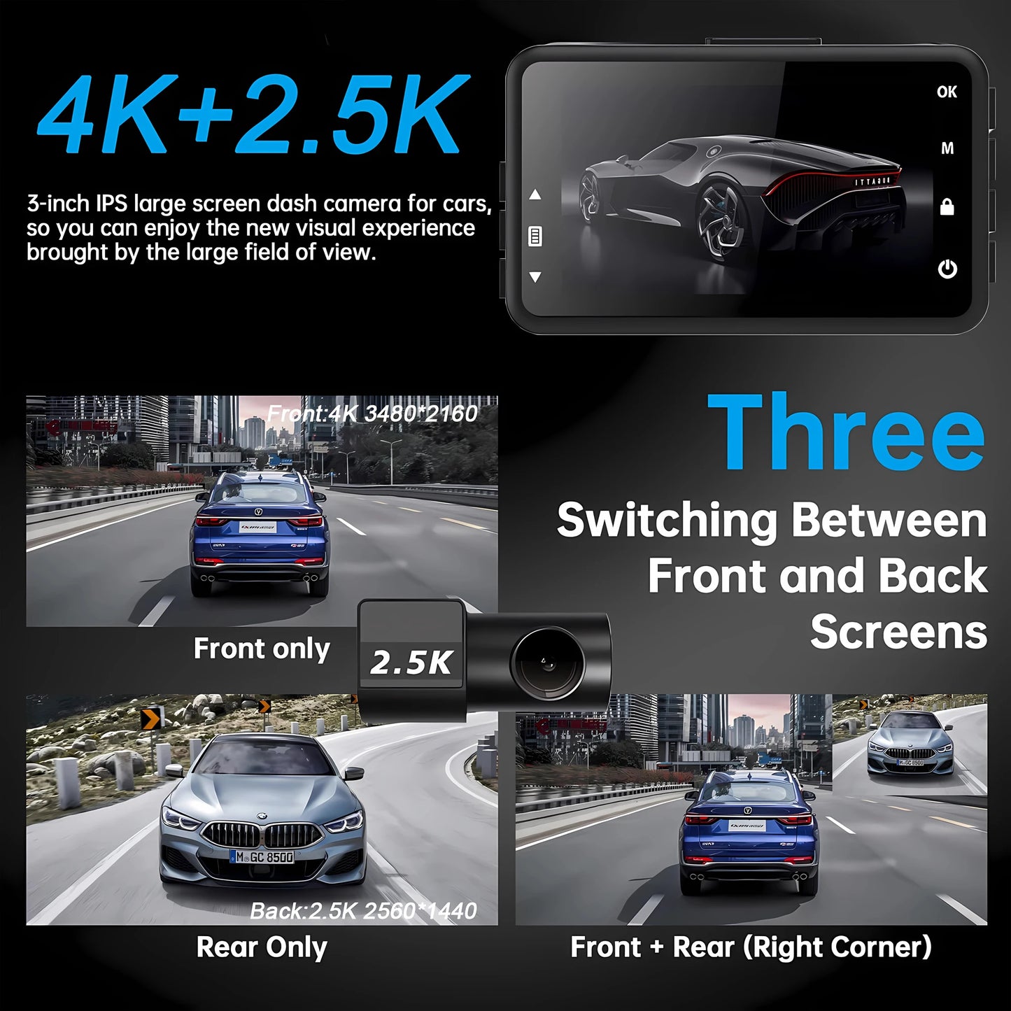4K+2.5K Dash Cam with WiFi, GPS, Dual Lens, Rear Camera & 24H Parking Monitor