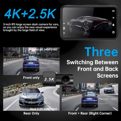 4K+2.5K Dash Cam with WiFi, GPS, Dual Lens, Rear Camera & 24H Parking Monitor