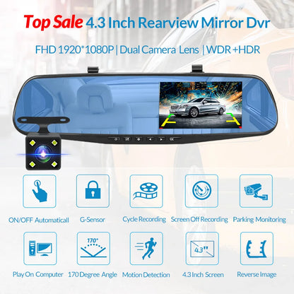 E-ACE 4.3" Mirror Dash Cam FHD 1080P with Optional Dual Lens & Rearview Camera