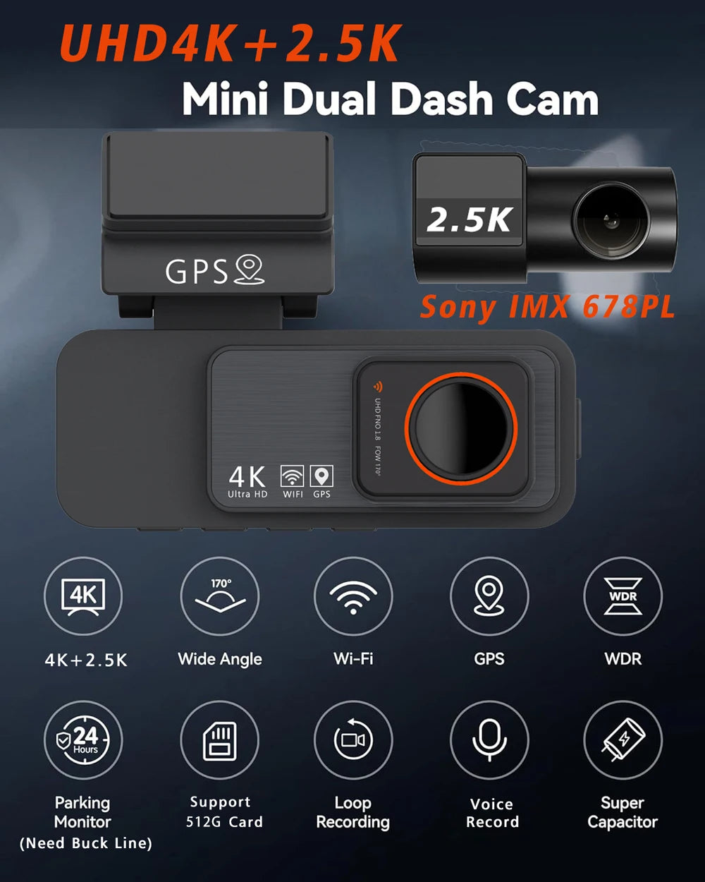 4K Dual Lens Dash Cam with GPS, WiFi & 2.5K Rear Camera, Night Vision