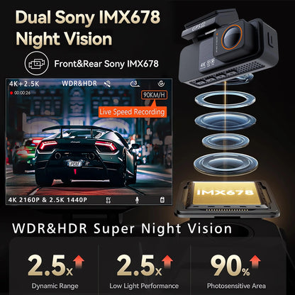4K Dual Lens Dash Cam with GPS, WiFi & 2.5K Rear Camera, Night Vision