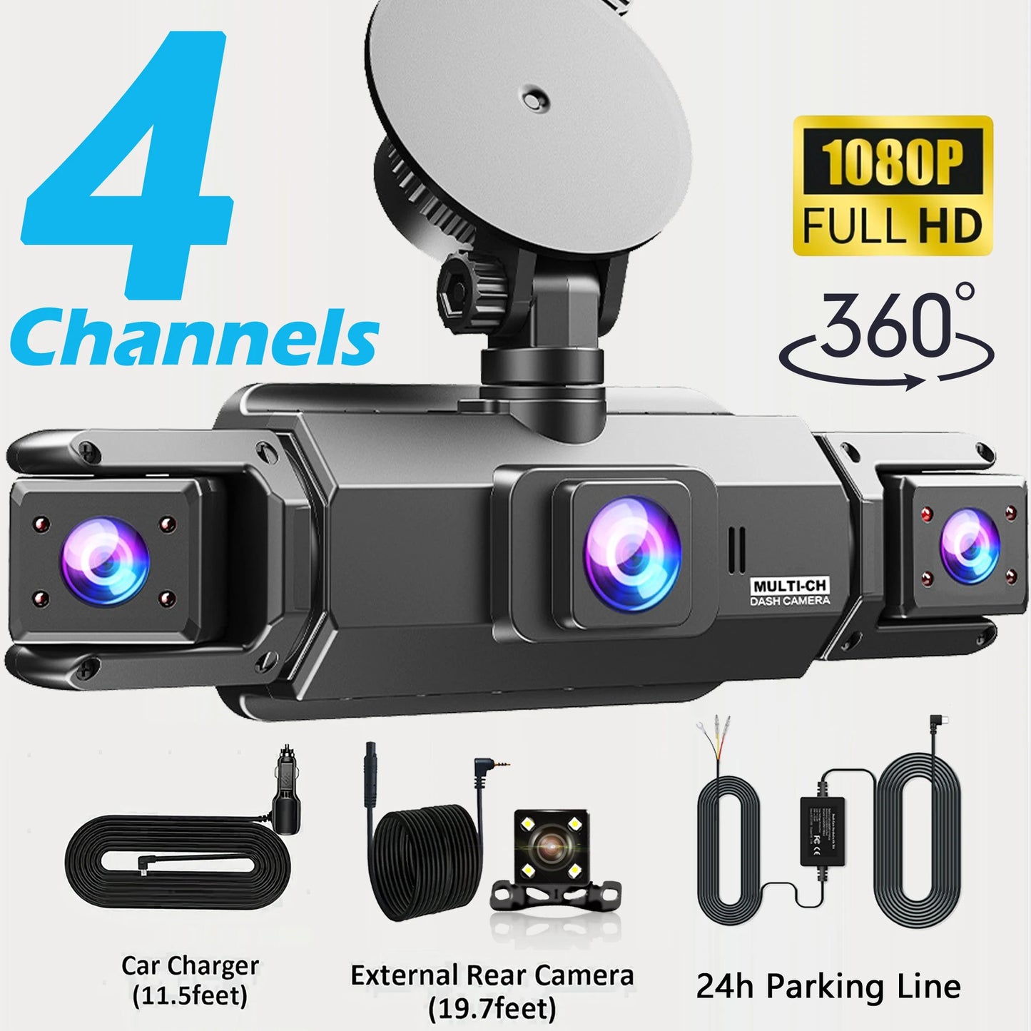 4-Channel 360° Dash Cam FHD with Front, Rear & Side Cameras, 128G, Night Vision, Parking Monitor