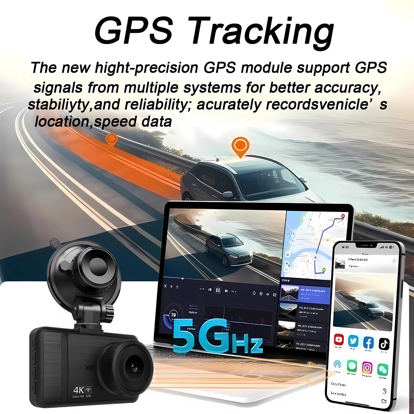 4K+2.5K Dash Cam with WiFi, GPS, Dual Lens, Rear Camera & 24H Parking Monitor