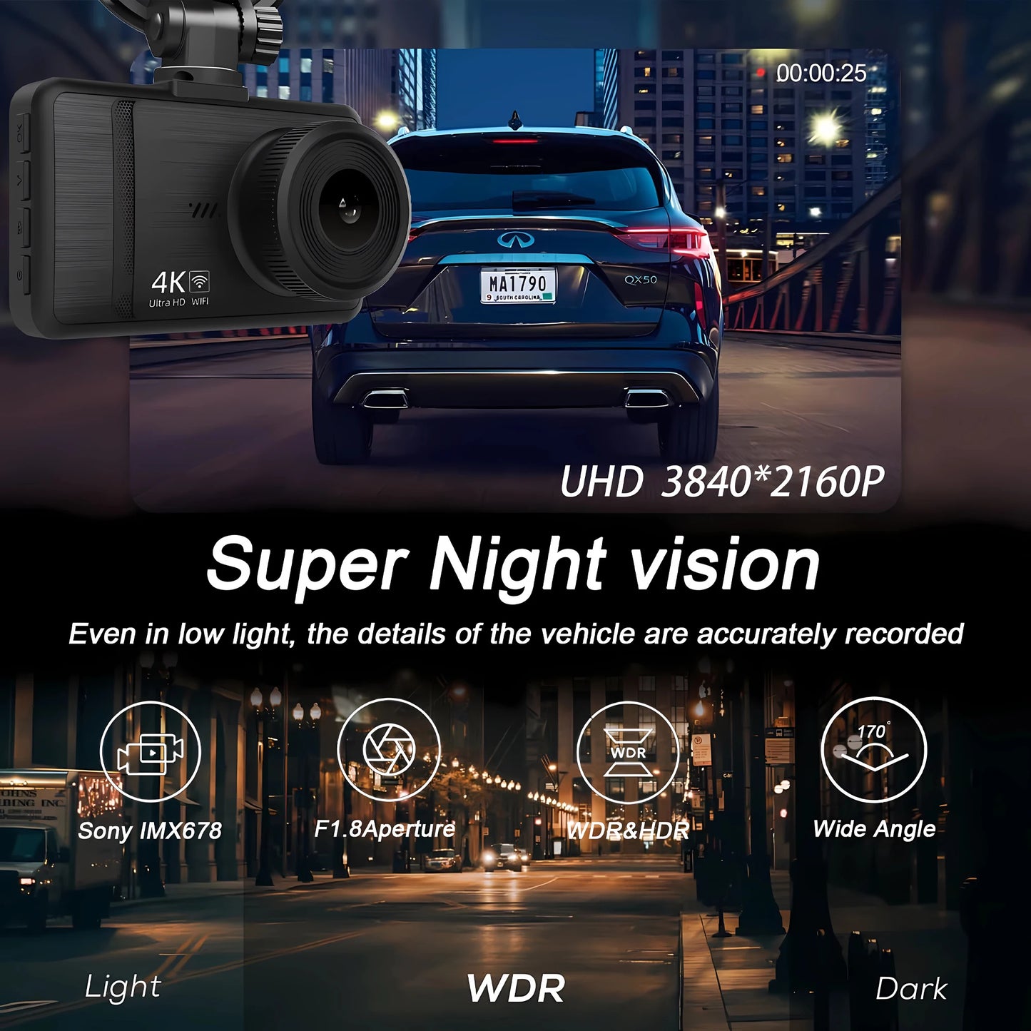4K+2.5K Dash Cam with WiFi, GPS, Dual Lens, Rear Camera & 24H Parking Monitor