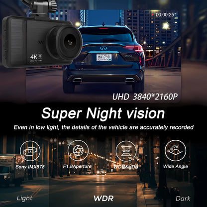 4K+2.5K Dash Cam with WiFi, GPS, Dual Lens, Rear Camera & 24H Parking Monitor