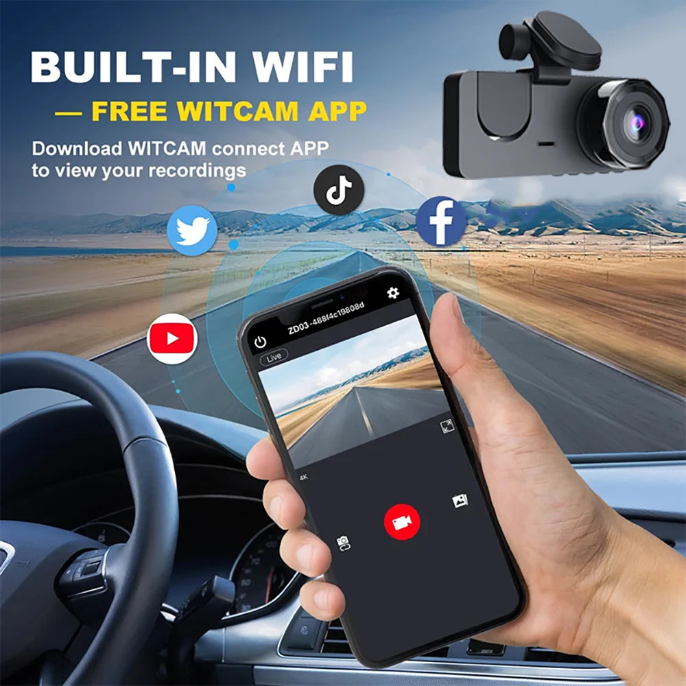WiFi Dash Cam 1080P Front & Rear Cameras, IR Night Vision