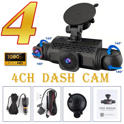 4-Channel Dash Cam FHD 1080P with Front, Rear & Side Cameras, Night Vision, Loop Recording