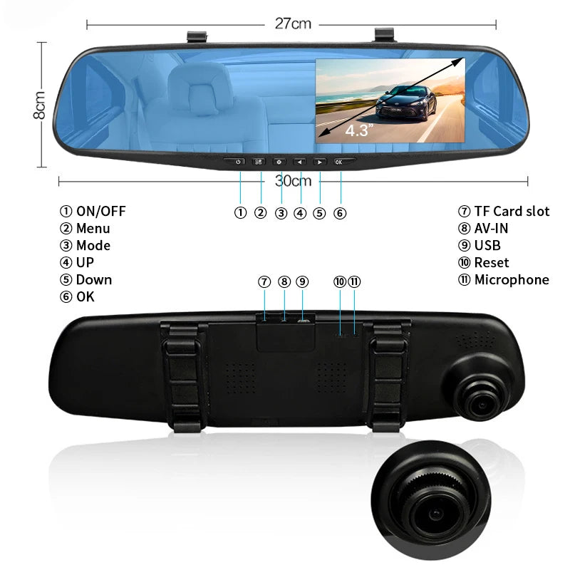 E-ACE 4.3" Mirror Dash Cam FHD 1080P with Optional Dual Lens & Rearview Camera