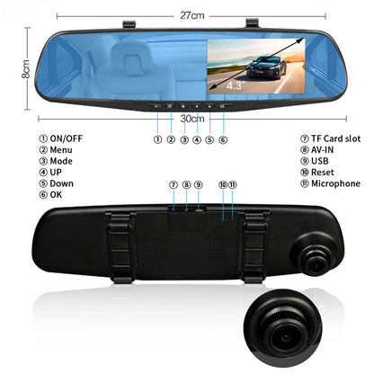 E-ACE 4.3" Mirror Dash Cam FHD 1080P with Optional Dual Lens & Rearview Camera