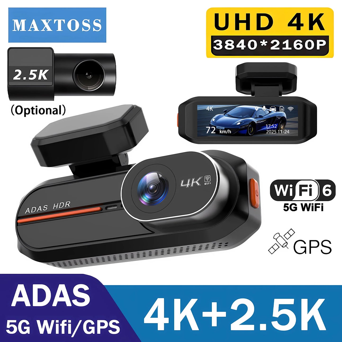 UHD 4K Dash Cam with ADAS, WiFi, GPS & 2.5K Rear Camera, Night Vision