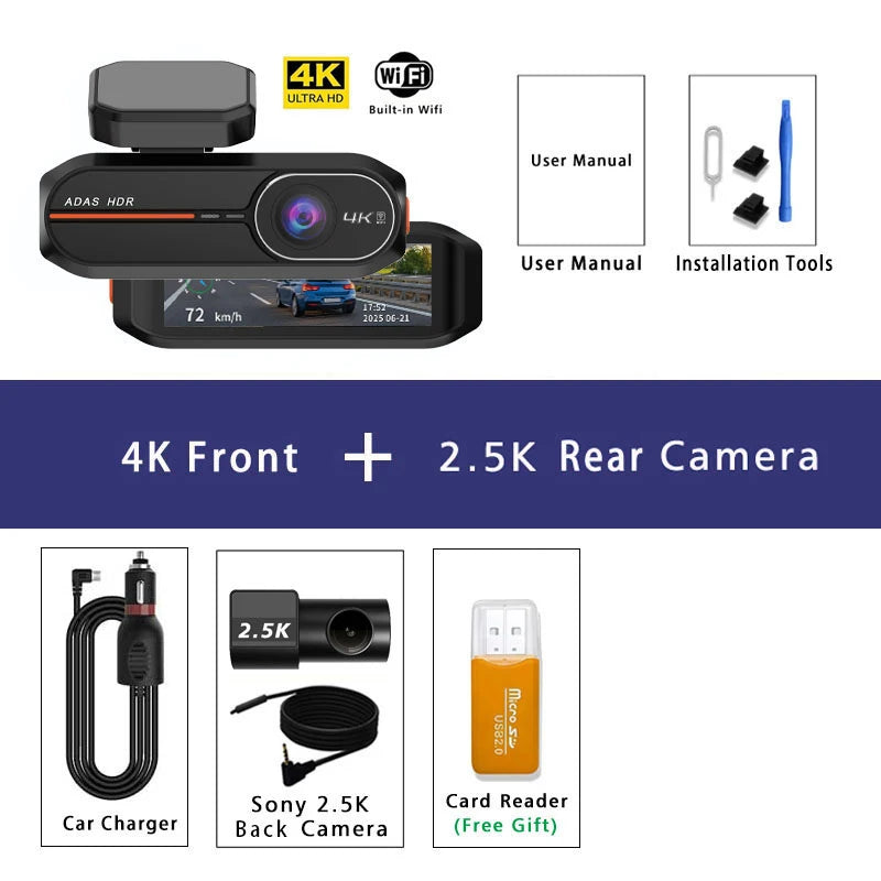 UHD 4K Dash Cam with ADAS, WiFi, GPS & 2.5K Rear Camera, Night Vision