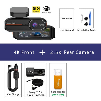 UHD 4K Dash Cam with ADAS, WiFi, GPS & 2.5K Rear Camera, Night Vision