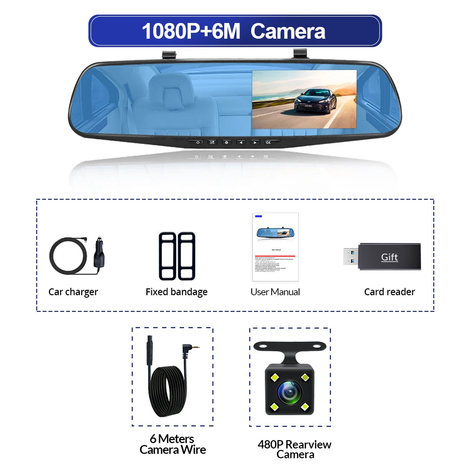 E-ACE 4.3" Mirror Dash Cam FHD 1080P with Optional Dual Lens & Rearview Camera